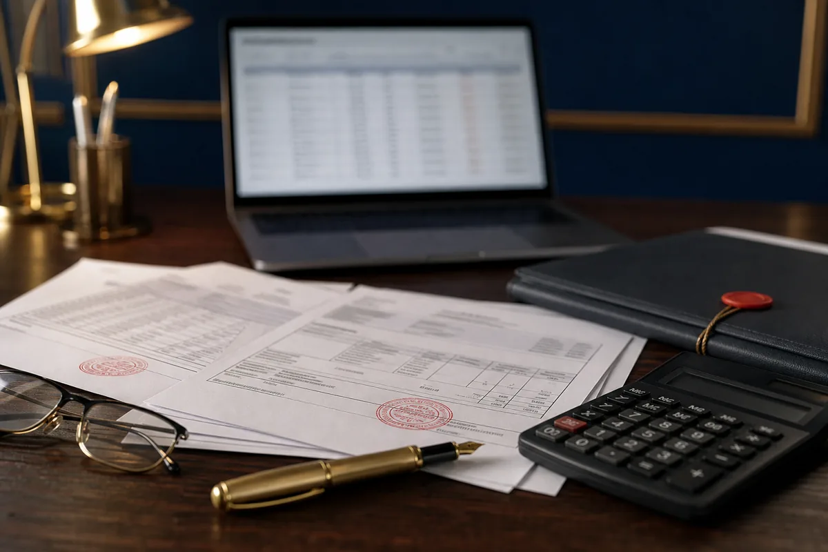 Рабочий стол бухгалтера: документы с печатями, калькулятор и ноутбук — разбор проекта о приостановлении выписки ЭСФ